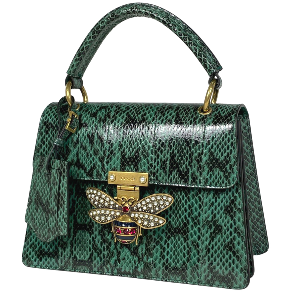 Gucci Queen Margaret Handbag Shoulder Bag Bee Motif Leather Green